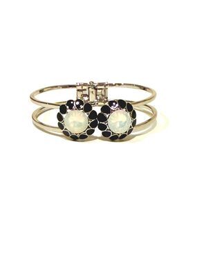 TALBOTS | Black Enamel Floral & Opalite Cuff Silver Hinge Bracelet | NWOT